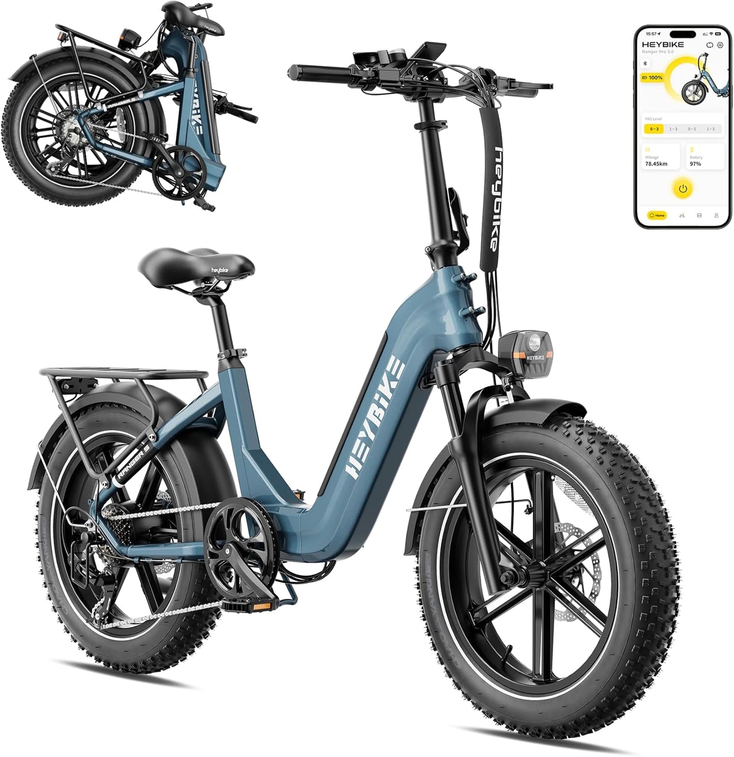 Heybike Ranger S Foldable Electric Bike for Adults, 1800W Peak Motor 32MPH, 55Miles 692WH Removable Battery, APP Control Ebike,Dual Hydraulic Brakes, 20"*4 Step-Thru Fat Tire Bicycle for Snow, Commute