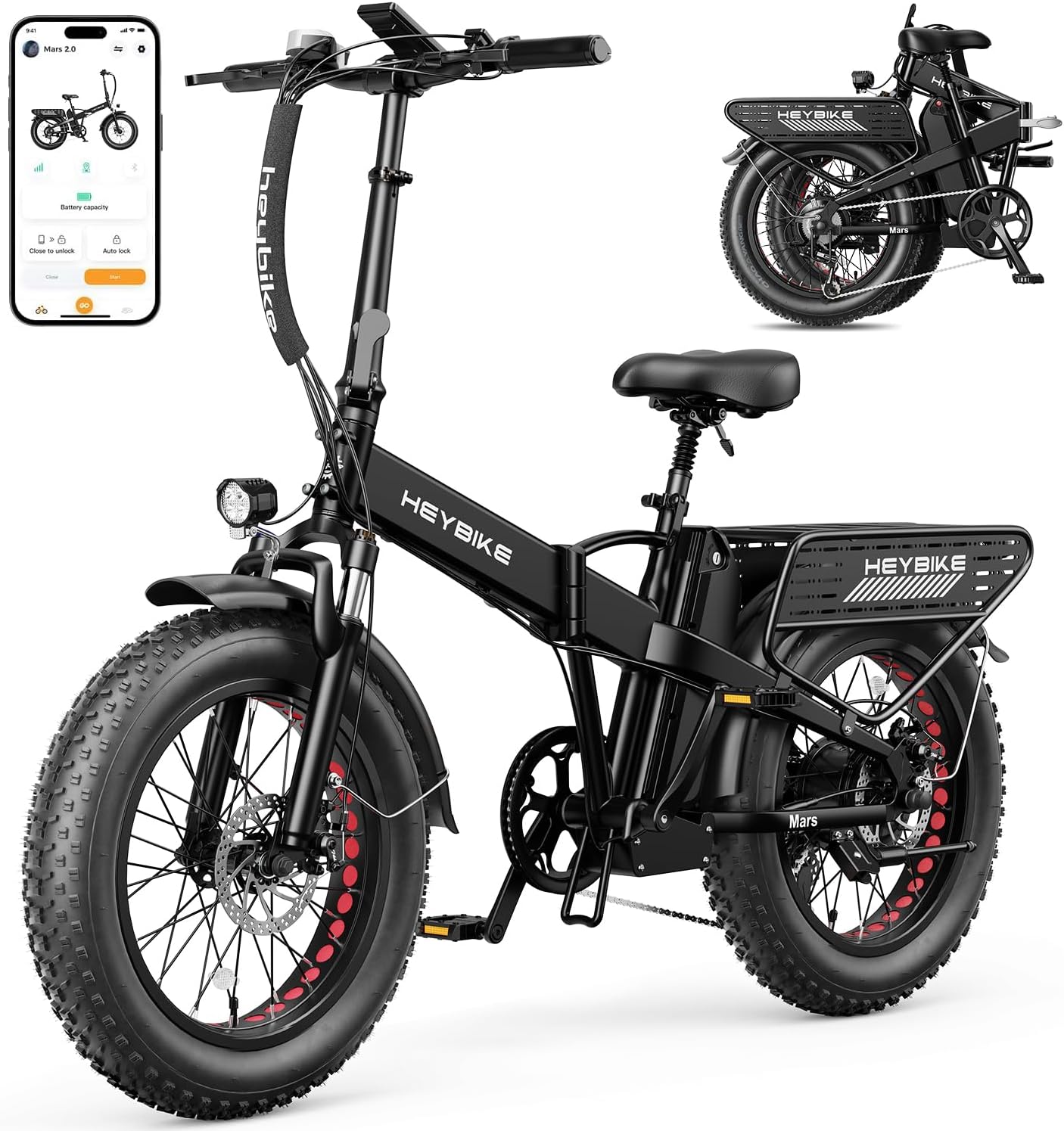 Heybike Mars 2.0 Foldable Electric Bike 32MPH,UL2849 Certified, 1800 Peak Motor Ebike,45Miles Long Range with 624WH Removable Battery,20*4'' Fat Tire Bicycle for Commute,Snow,Full Suspension