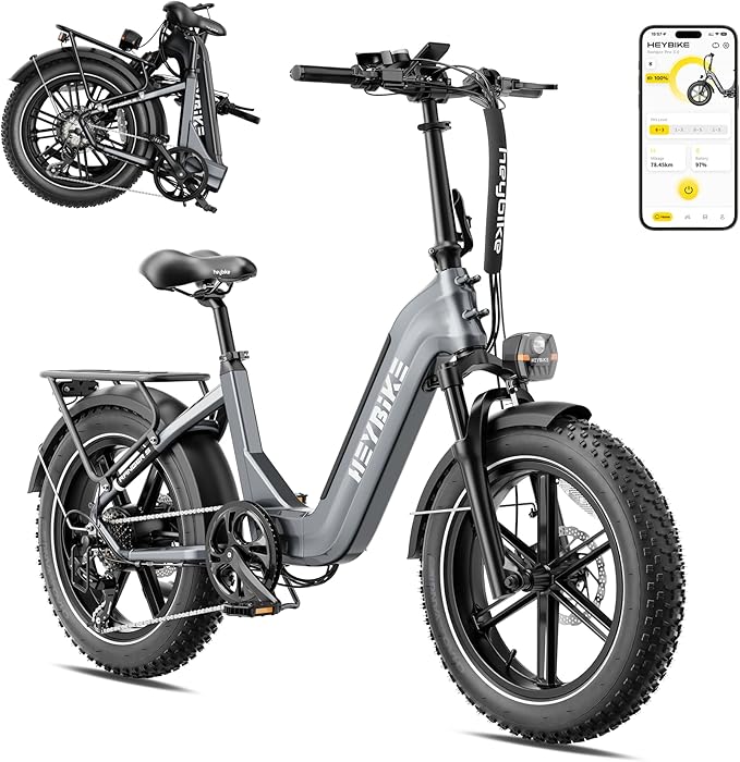 Heybike Ranger S Foldable Electric Bike for Adults, 1800W Peak Motor 32MPH, 55Miles 692WH Removable Battery, APP Control Ebike,Dual Hydraulic Brakes, 20"*4 Step-Thru Fat Tire Bicycle for Snow, Commute