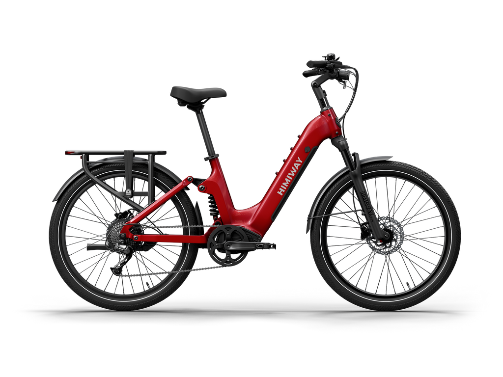 Himiway A7 Commuter Step-Through full suspension electric bike in Red, left side view.