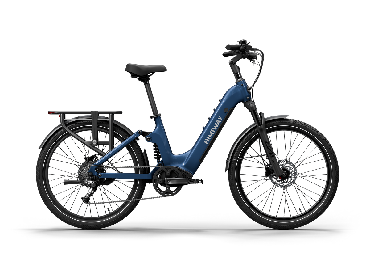 Himiway A7 Commuter Step-Through full suspension electric bike in Midnight Blue, left side view.