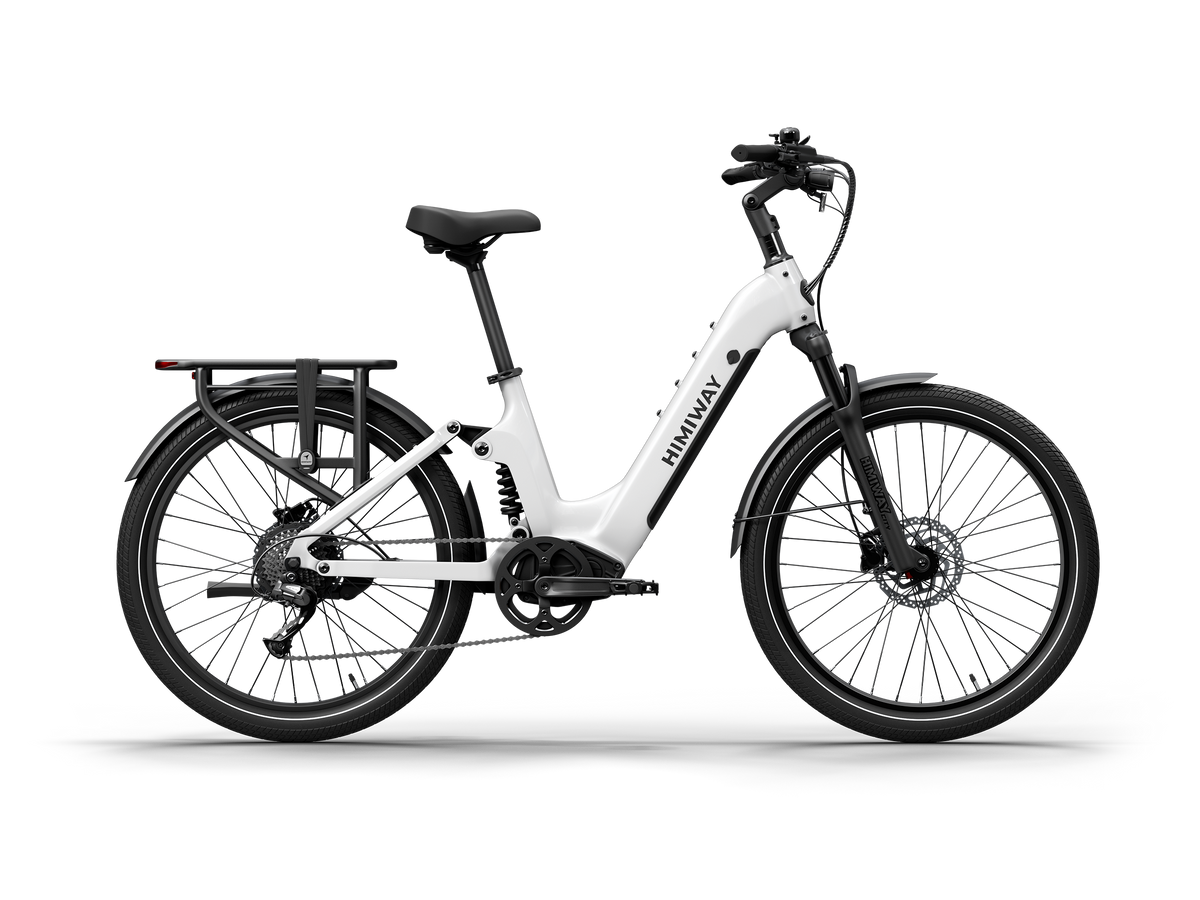 Himiway A7 Commuter Step-Through full suspension electric bike in White, left side view.