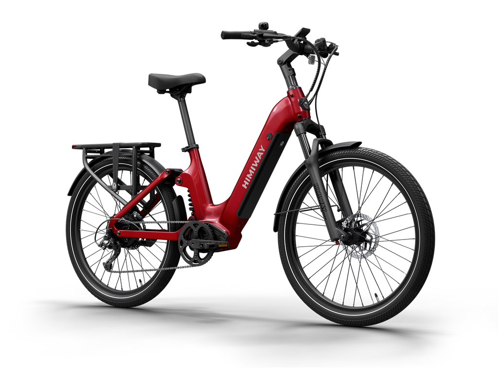Himiway A7 Commuter Step-Through full suspension ebike in Red, front Left three-quarter view.