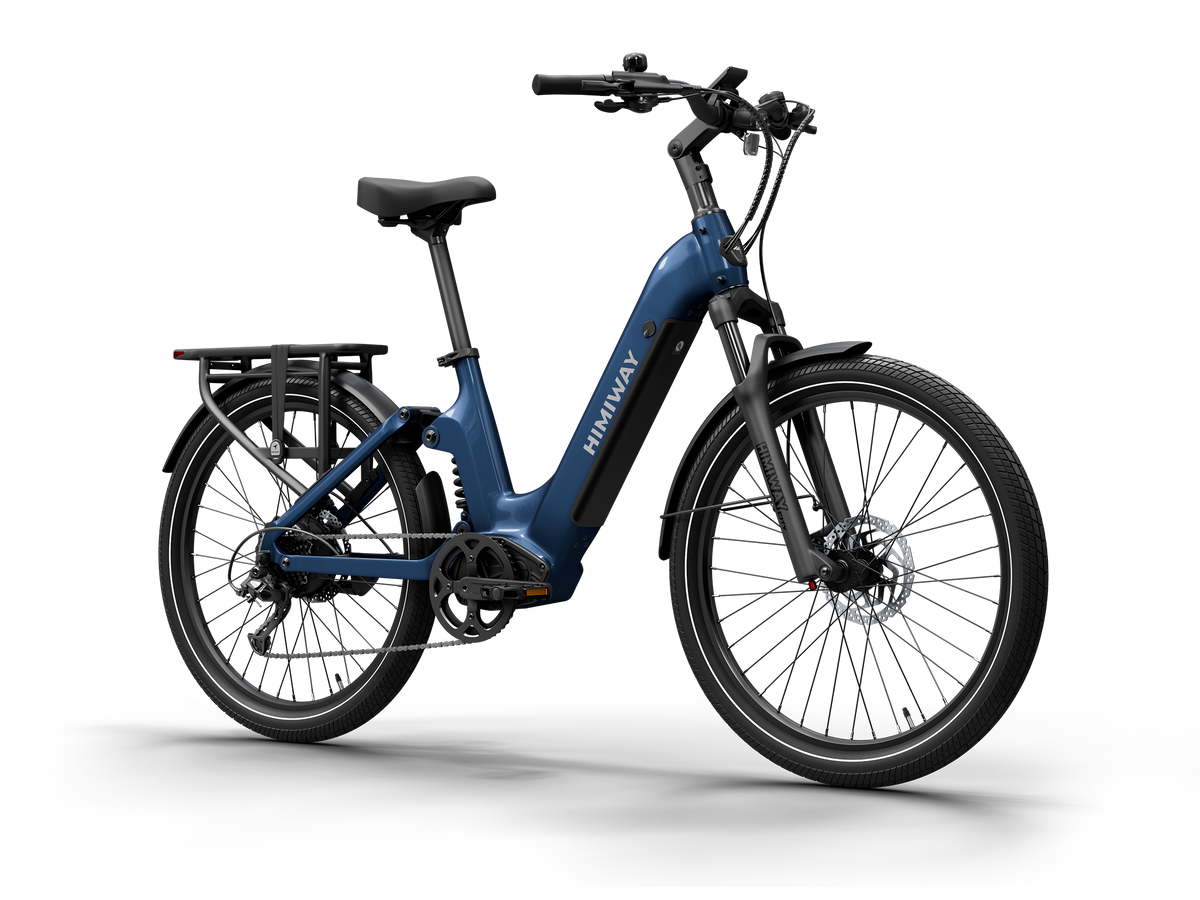 Himiway A7 Commuter Step-Through full suspension electric bike in Midnight Blue, front Left three-quarter view.