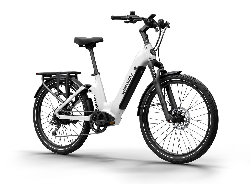 Himiway A7 Commuter Step-Through full suspension electric bicycle in White, front Left three-quarter view.