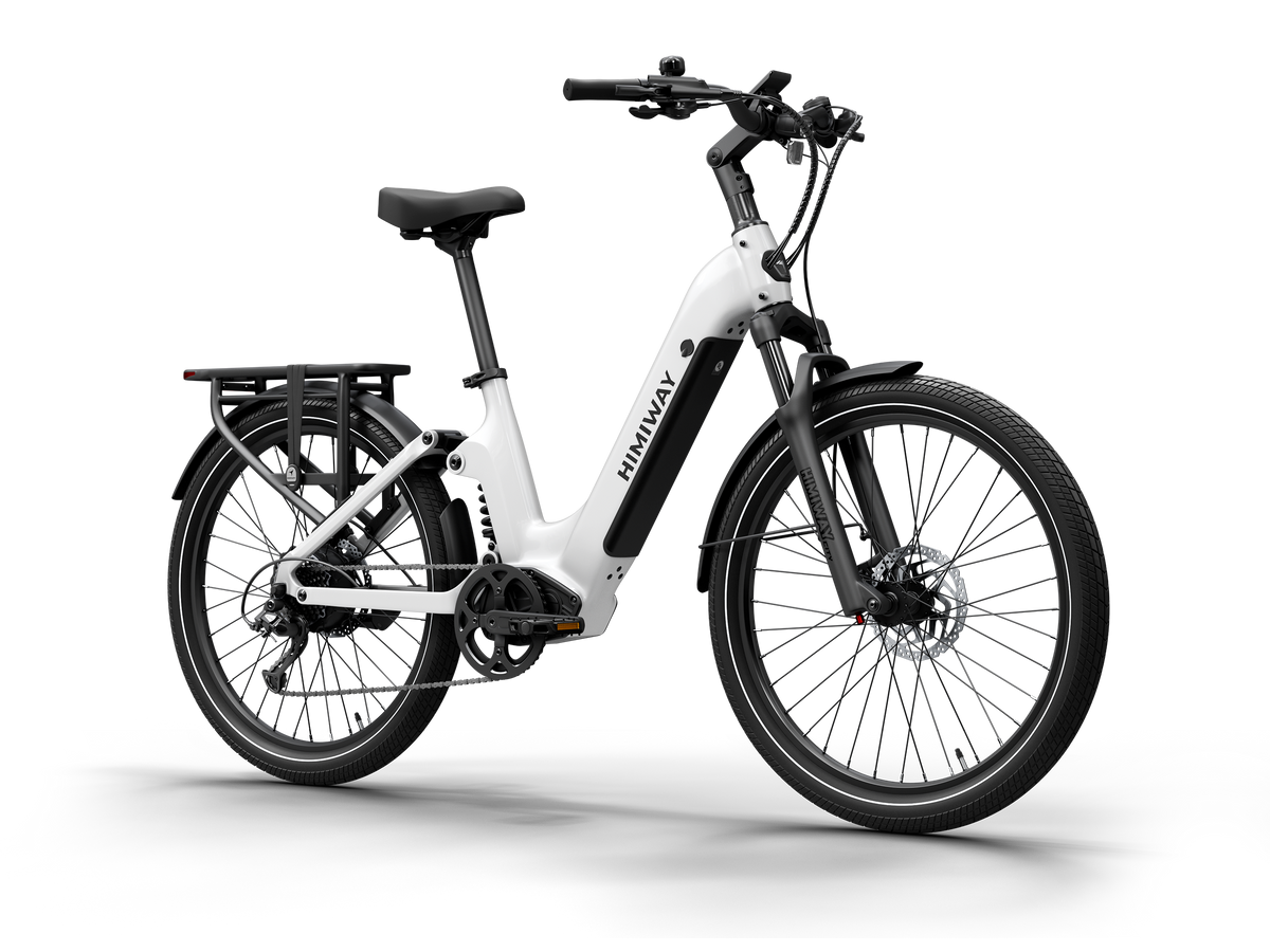 Himiway A7 Commuter Step-Through full suspension electric bicycle in White, front Left three-quarter view.