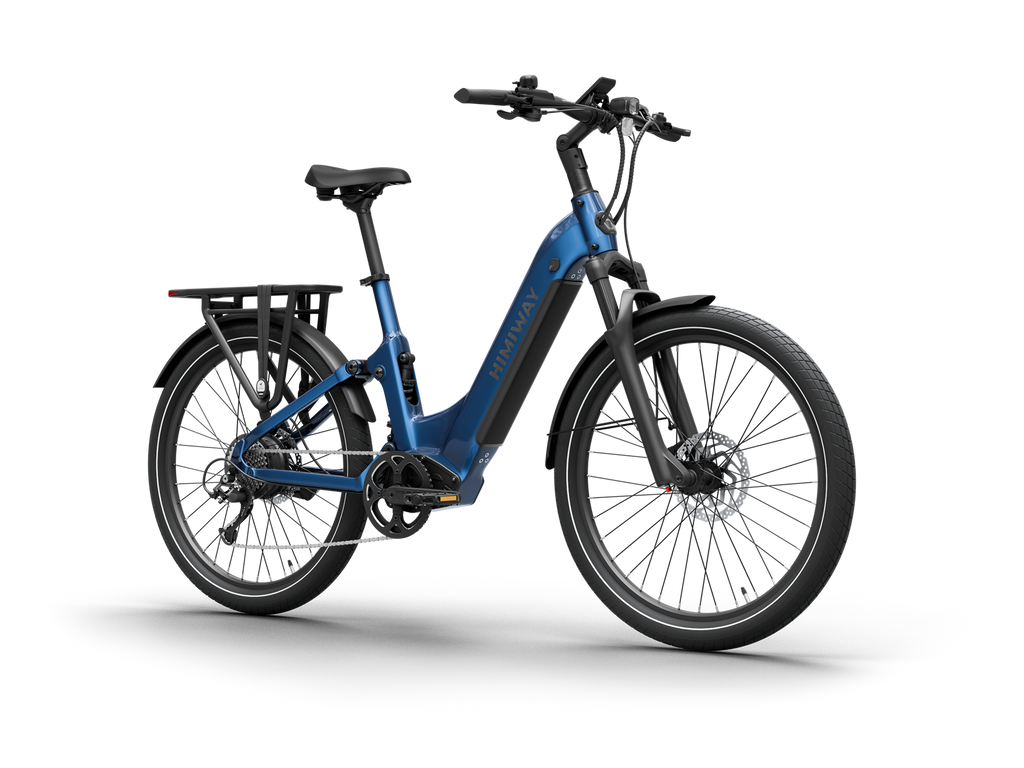 Himiway A7 Commuter Step-Through full suspension electric bike in Midnight Blue, front Left three-quarter view.