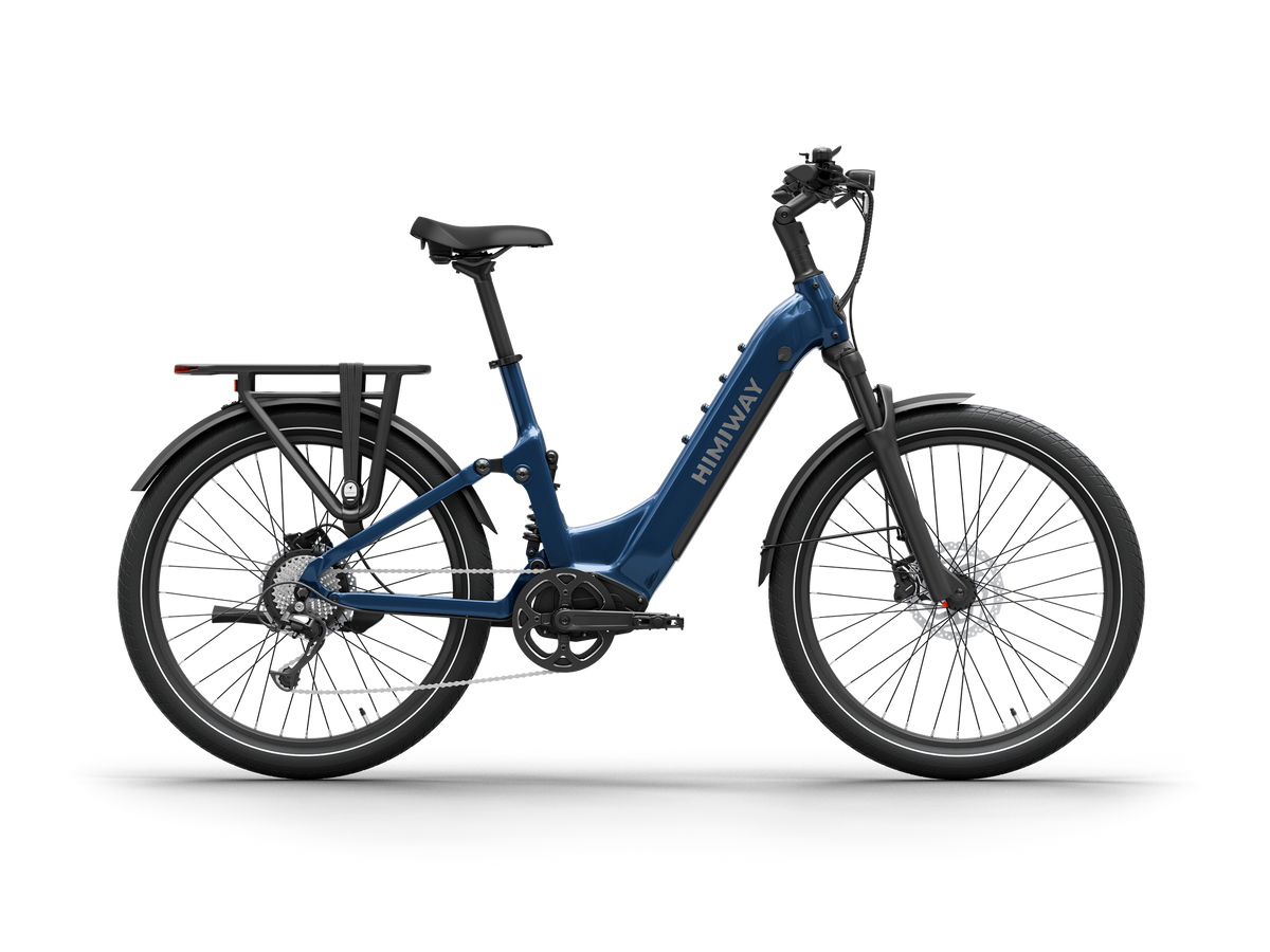 Himiway A7 Commuter Step-Through full suspension electric bike in Midnight Blue,left side view.