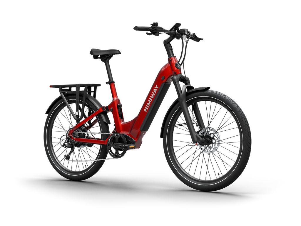 Himiway A7 Commuter Step-Through full suspension ebike in Red, front Left three-quarter view.