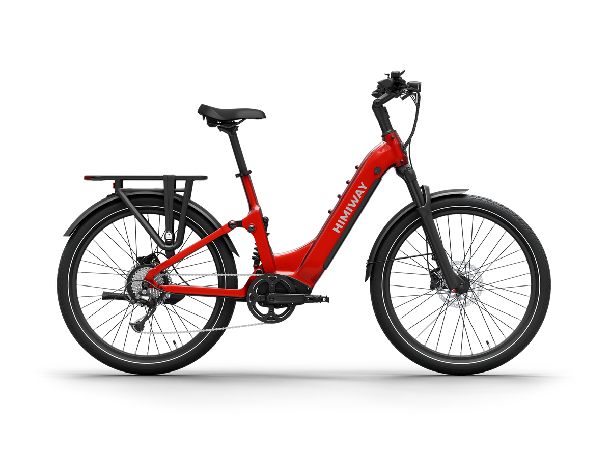 Himiway A7 Commuter Step-Through full suspension electric bike in Red, left side view.