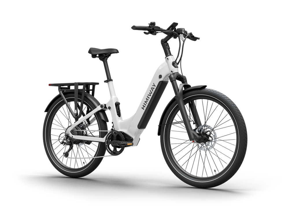 Himiway A7 Commuter Step-Through full suspension electric bike in White, front Left three-quarter view.