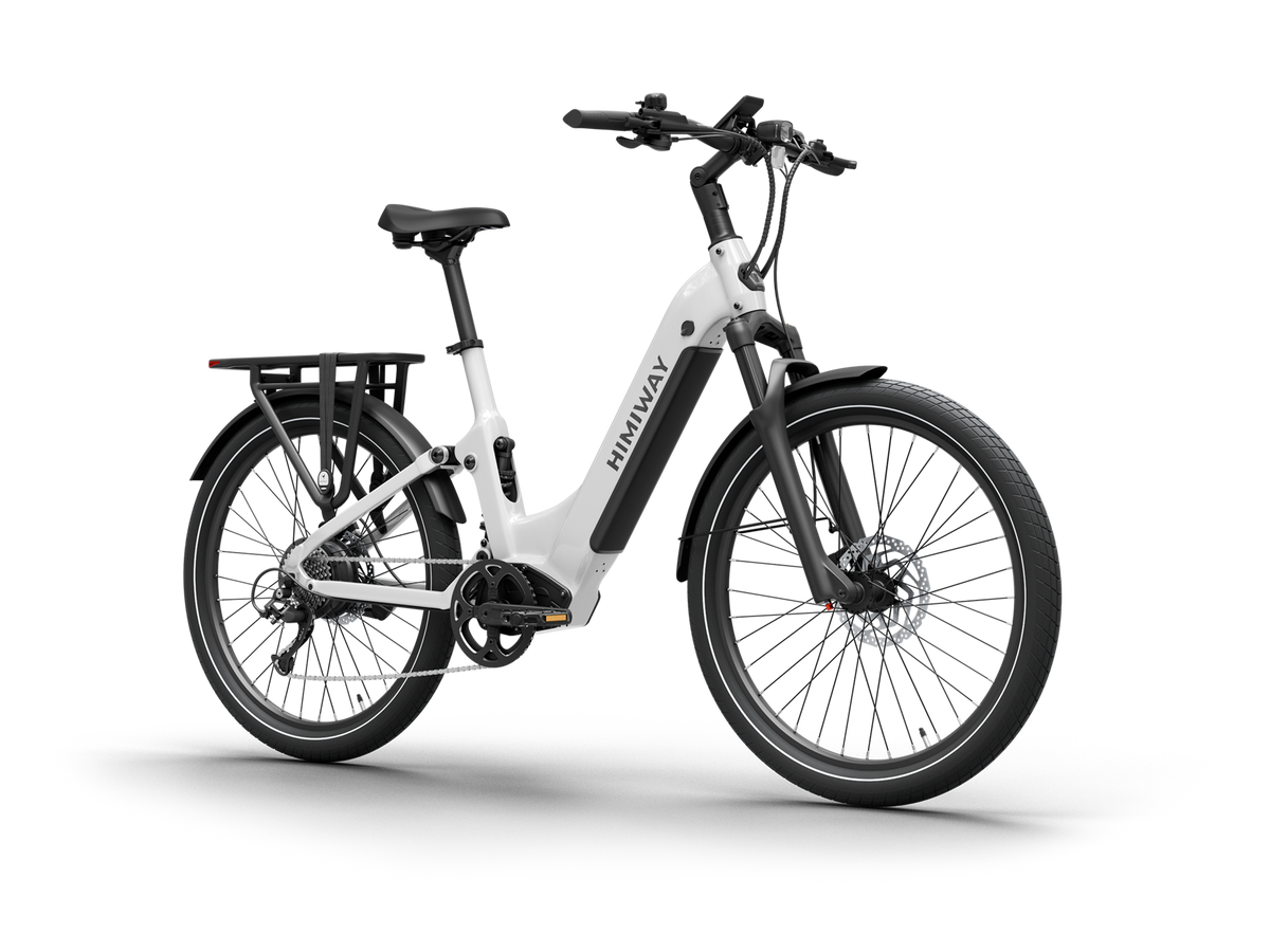 Himiway A7 Commuter Step-Through full suspension electric bike in White, front Left three-quarter view.