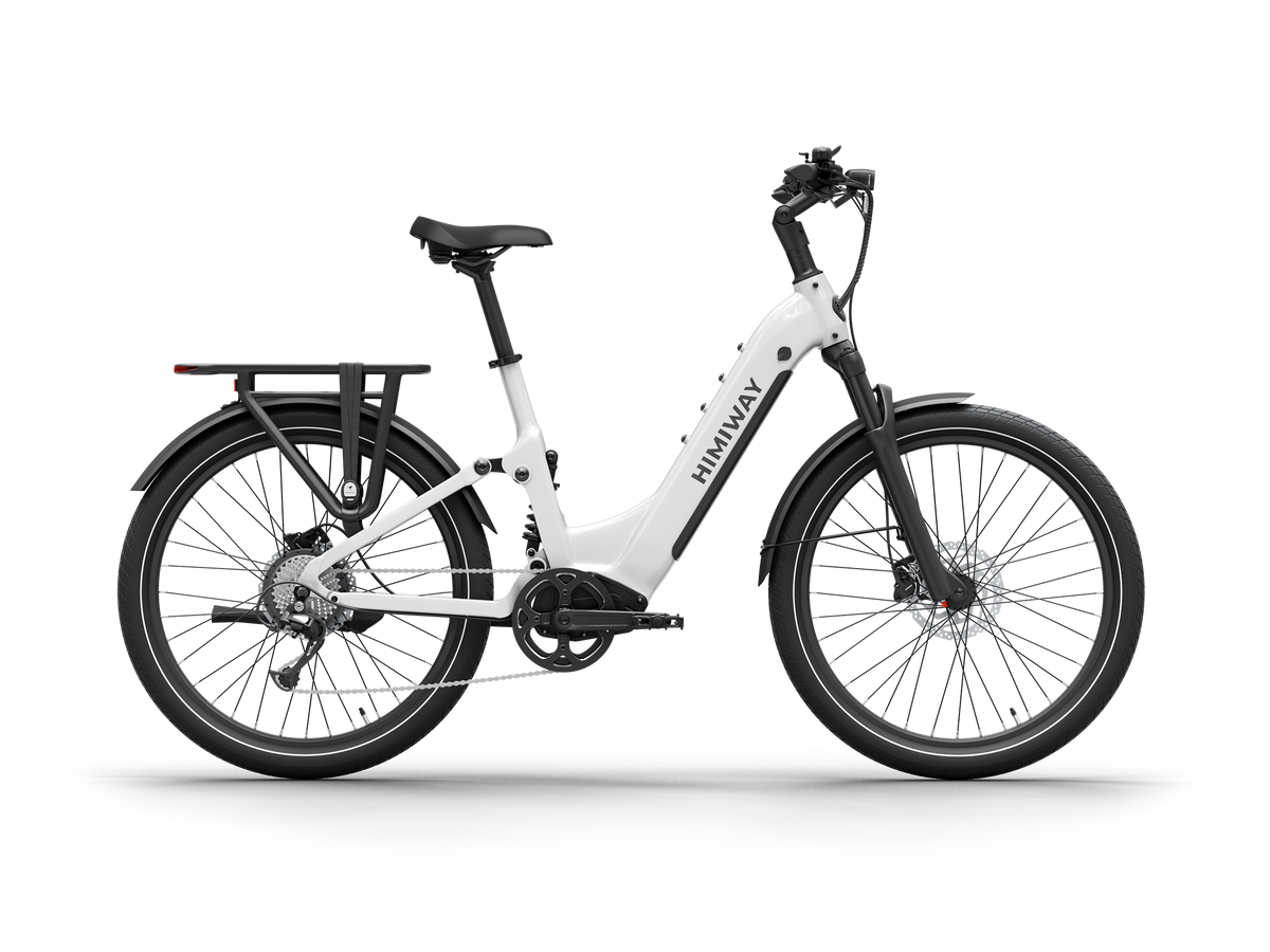 Himiway A7 Commuter Step-Through full suspension electric bike in White, left side view.