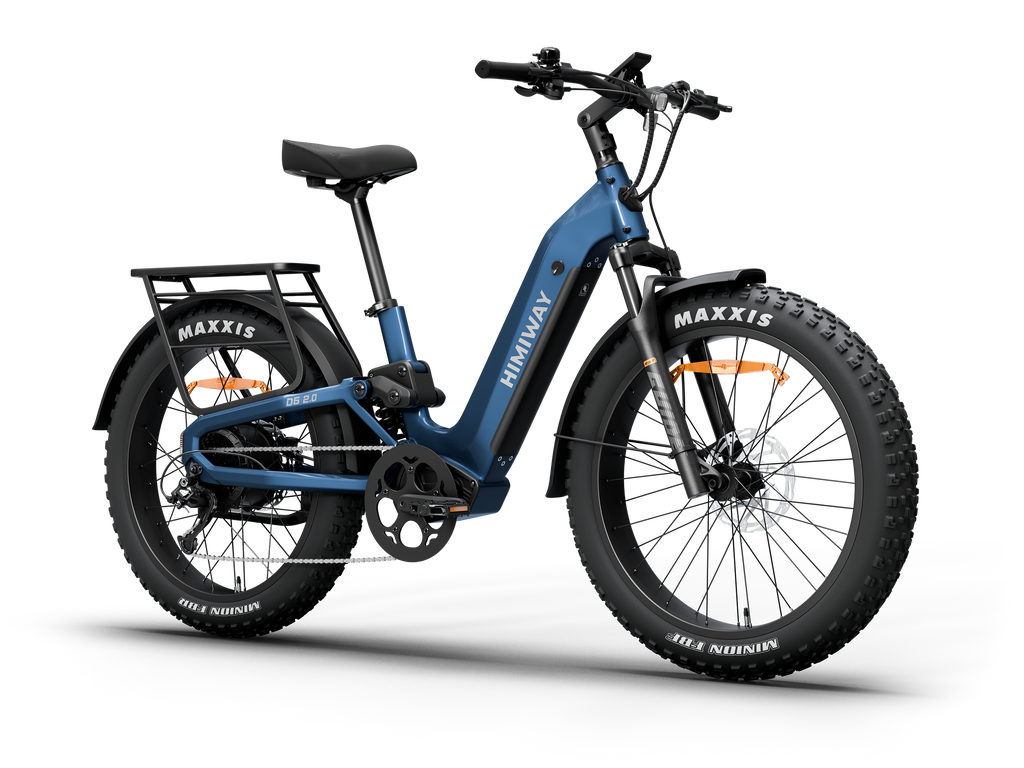 Himiway D5 2.0 Step-thrur full suspension fat tire electric bike in Midnight Blue, front Left three-quarter view.