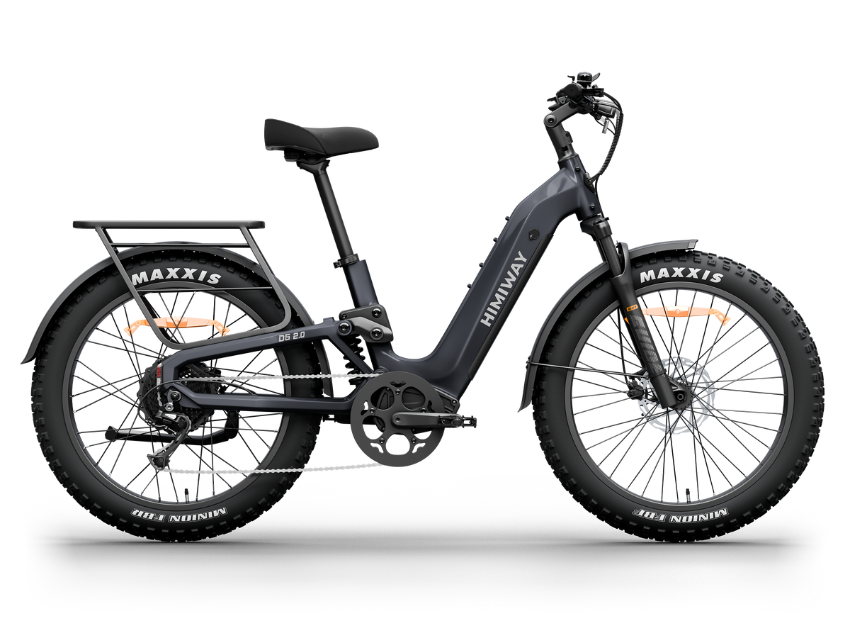 Himiway D5 2.0 Step-thru full suspension fat tire electric bike in Space Grey, left side view.