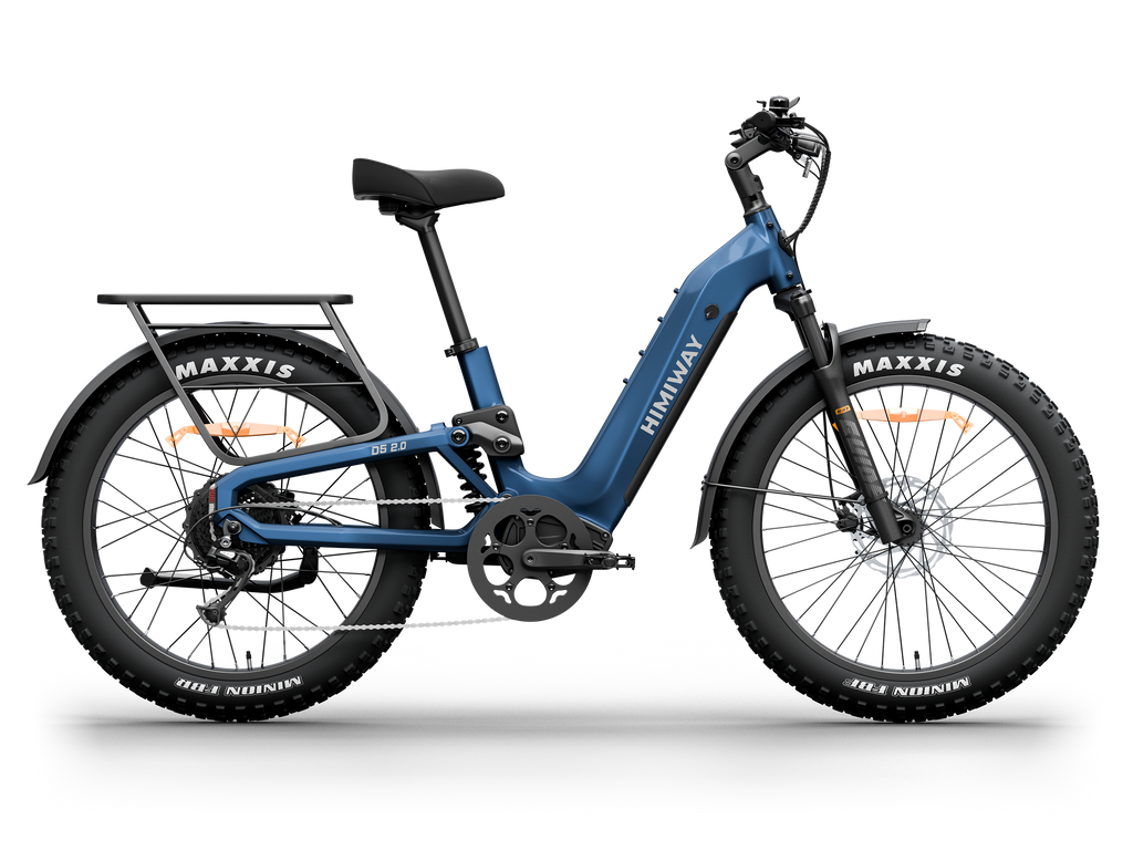Himiway D5 2.0 Step-thru full suspension fat tire electric bike in Midnight Blue, left side view.