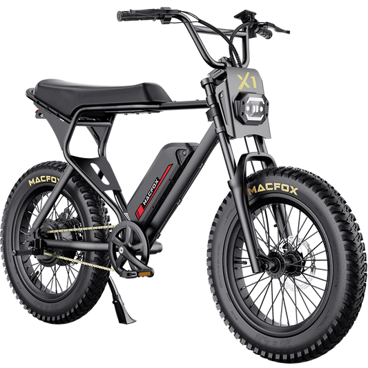Macfox X1S — 500W electric bike with up to 76 mi range, 25 mph top speed & 20"x4" tires. Great for city commutes or weekend rides. Shop now.