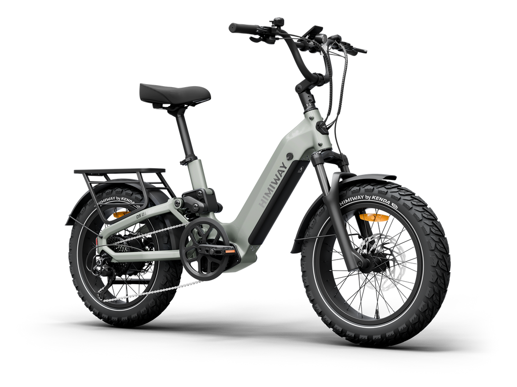 Himiway D5 2.0 20" full suspension fat tire electric bike in Sage, front Left three-quarter view.