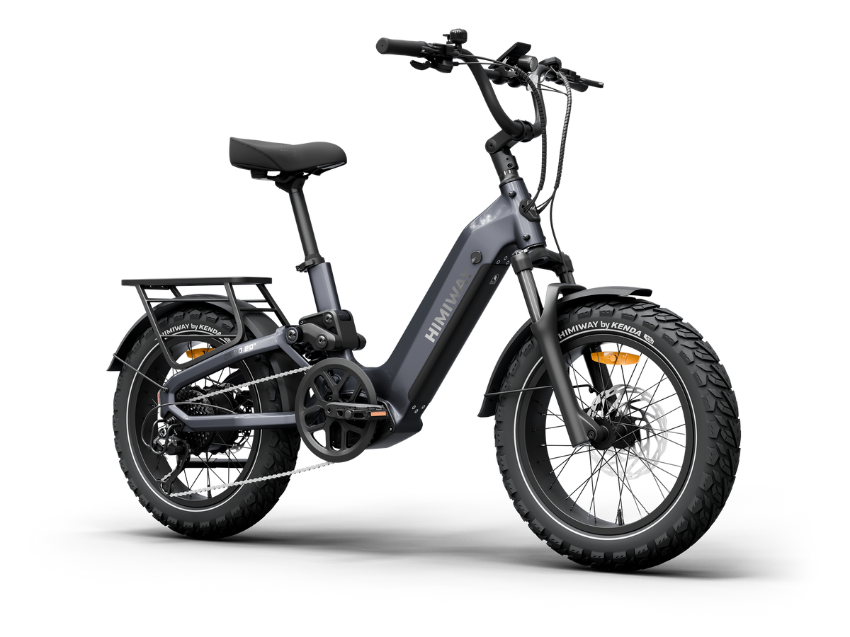 Himiway D5 2.0 20" full suspension fat tire electric bike in Space Grey, front Left three-quarter view.