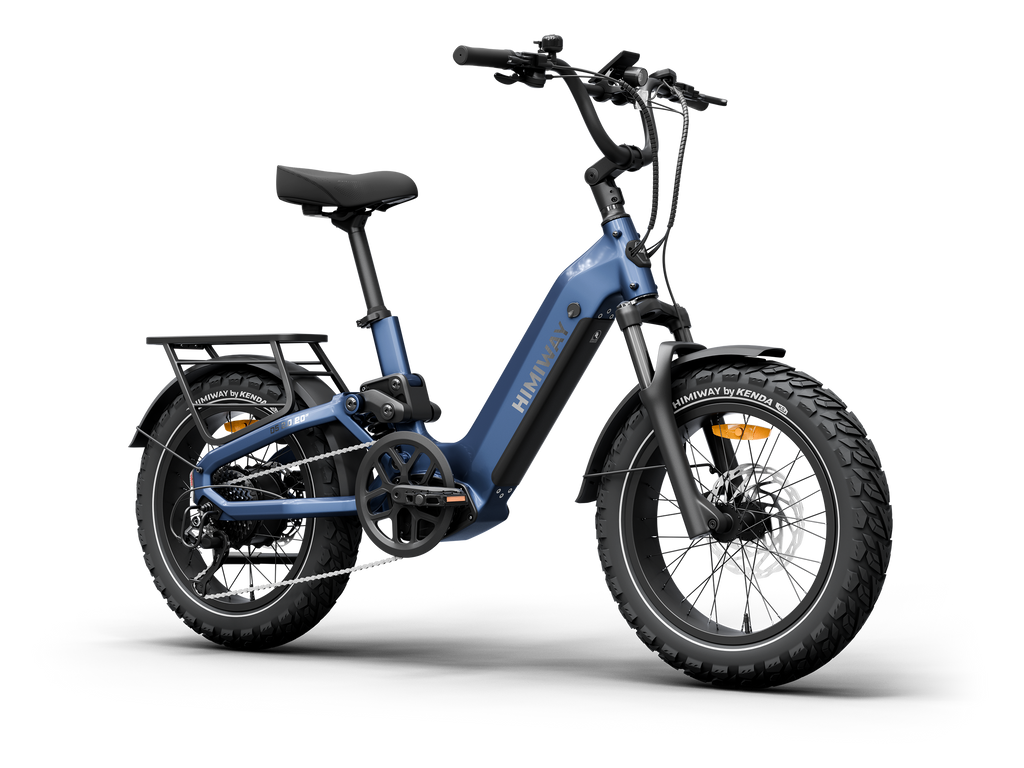 Himiway D5 2.0 20" full suspension fat tire electric bike in Midnight Blue, front Left three-quarter view.
