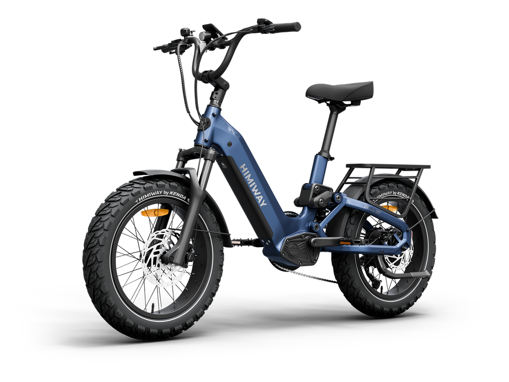 Himiway D5 2.0 20" full suspension fat tire electric bike in Midnight Blue, front Right three-quarter view.